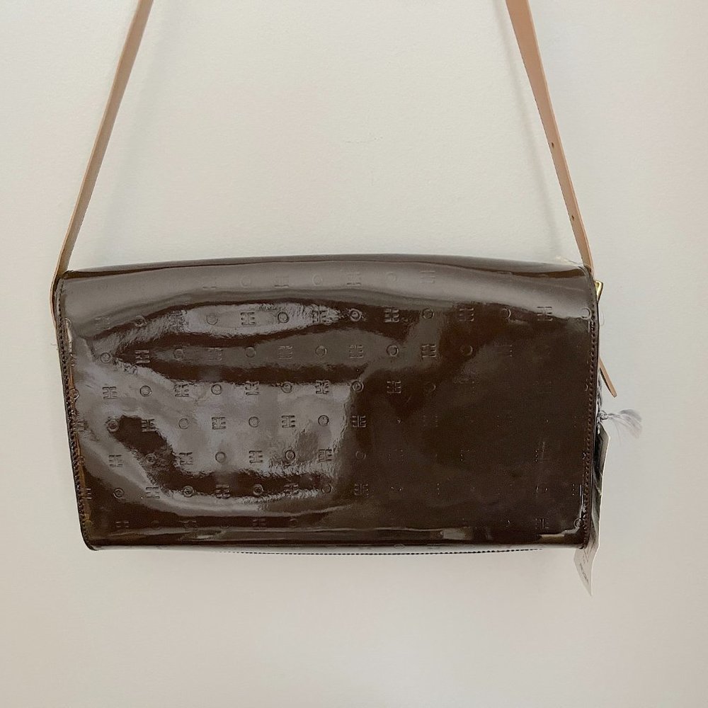 ARCADIA ITALY BROWN BEIGE PATENT LEATHER SLIM SHOULDER BAG SATCHEL - Picture 4 of 7